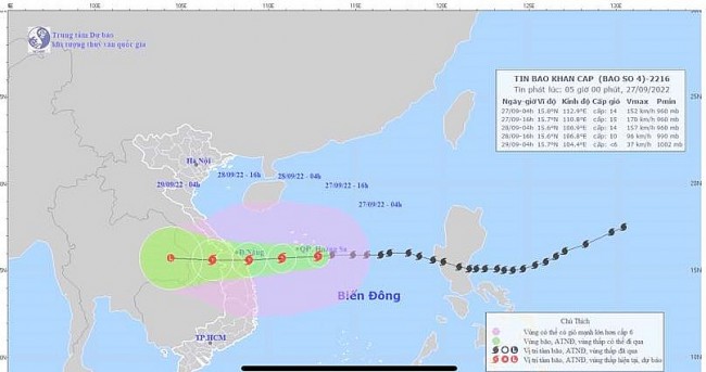 Siêu bão Noru sẽ đổ bộ vào đất liền Trung Trung Bộ vào khuya ngày 27/9